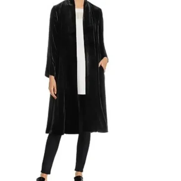 EILEEN FISHER Long Black Velvet Kimono Silk Blend Open Front Pockets Xlarge - Picture 2 of 5